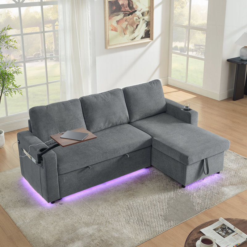 Canapé-lit moderne en chenille multifonctionnel avec table rétractable et éclairage DEL, Chenille grise