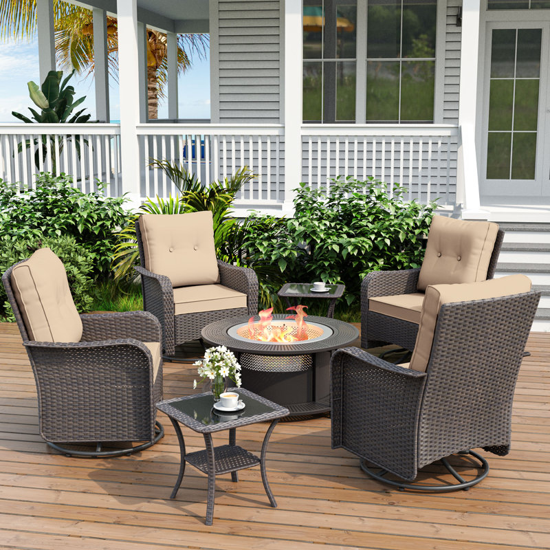 Elyes 4-Person Rocking Swivel Rattan Chair Set With Coffee Table And Outdoor Smokeless Fire Pit, Red