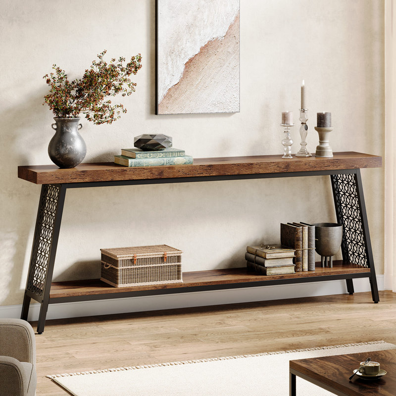 Rustic Brown and Black 70.9" Industrial Console Table with Storage Shelf