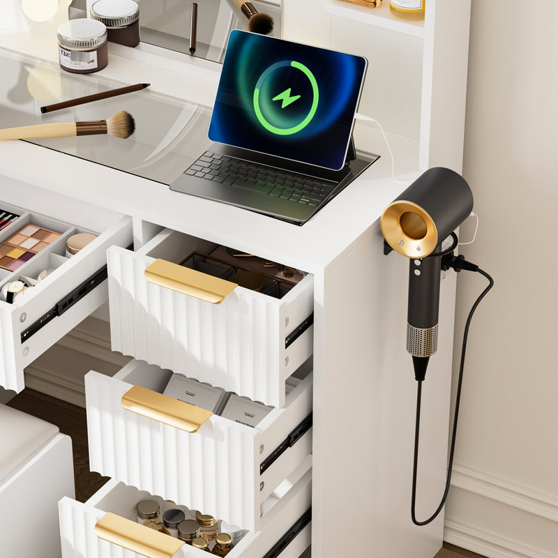 Table de coiffeuse et tabouret avec station de charge, cinq tiroirs, plateau de table transparent pour la chambre à coucher - blanc, miroir de 55,81 po de hauteur, lumières, tablettes, largeur de 15,7 tiroirs