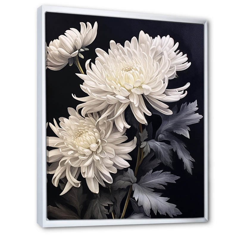 «Mums White» sur 20 nuances de gris foncé I sur toile, Cadre flottant blanc, H 20 po x l 12 po