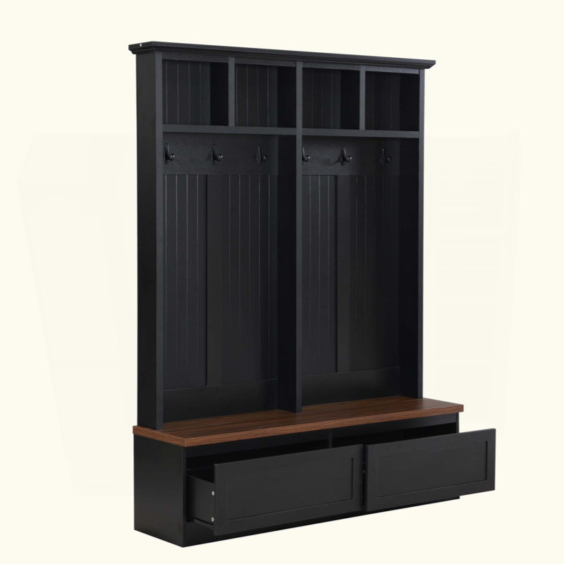 Farmhouse 4-In-1 Hall Tree With Wood Grain Bench, Mudroom Versatile Coat Rack With 2 Large Drawer, Entrance Organizer For Hallway, Living Room