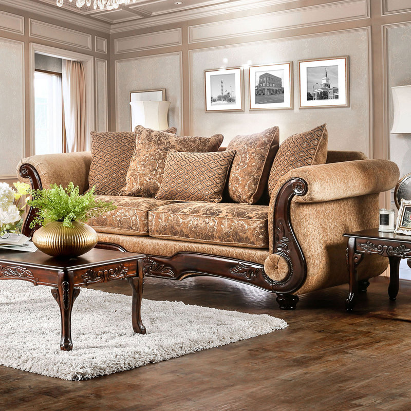 94.4" W Traditional Sofa, Tan/Gold