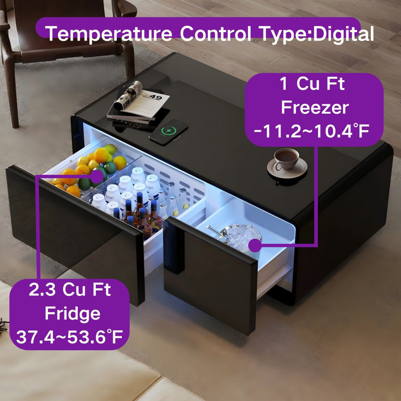 Myabella 93L Smart Coffee Table with Freezer and Fridge, Multiple charging and Bluetooth Speaker, Black
