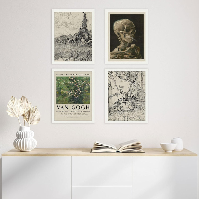 Vincent Van Gogh fumant des roses squelettes, art mural encadré 4 pièces, H 14 po x l 11 po x P 1 po, Blanc