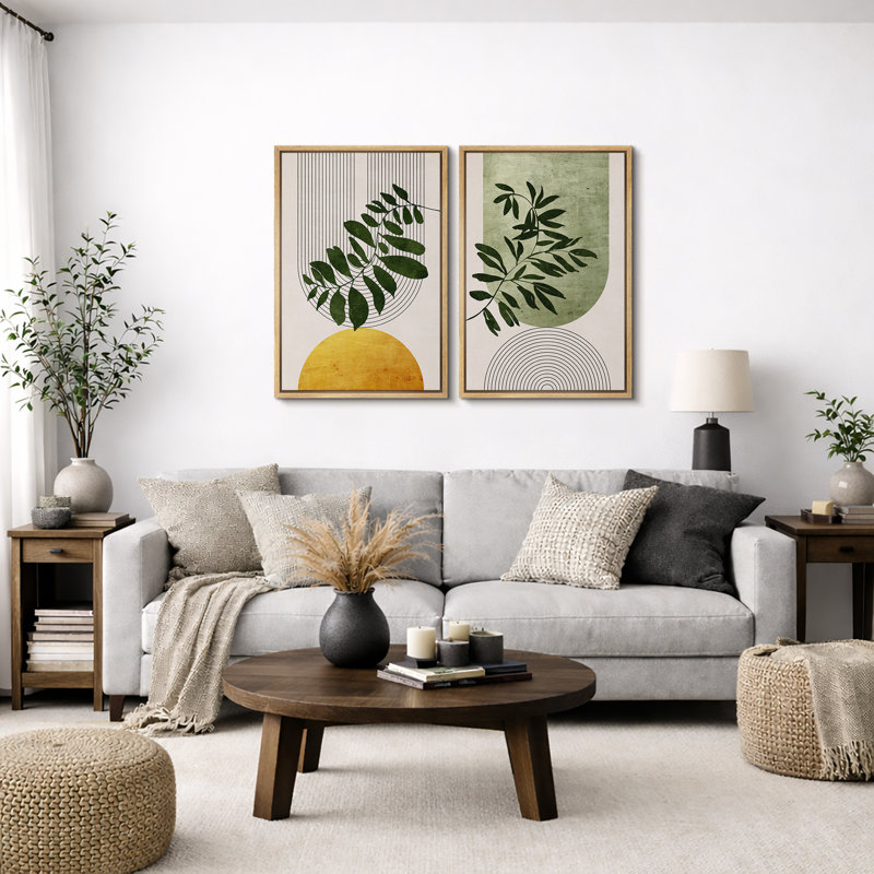 Mid Century Modern Boho "Bold Bright Yellow & Green Leaves Artwork, Abstract Botanical Neutral Wall Pictures, Framed Canvas Giclée Print 3 Pieces Wall Art"