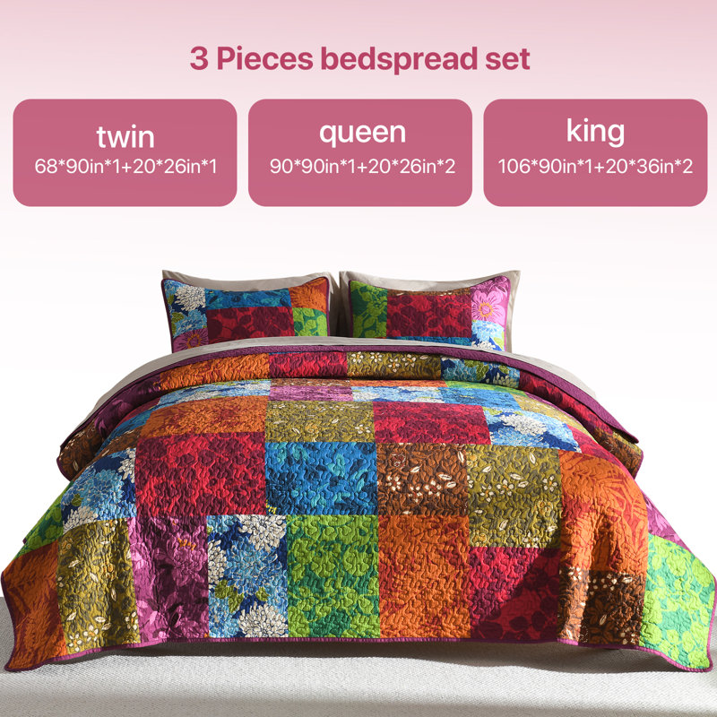 Ensemble de courtepointe en patchwork de coton 3 pièces, ensemble de literie à courtepointe florale multicolore, couvre-lit printemps et été, très grand avec 2 taies décoratives (20 po x 36 po)