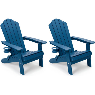  Folding Adirondack Chairs Set Of 2 With Cup Holder, All-Weather Hips Plastic Outdoor Patio Chairs – Navy