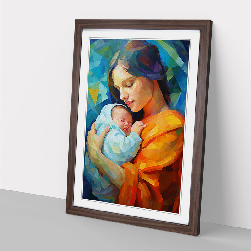 XYZ-FRM-V1223-4566 Mother And Baby Modern - Single Picture Frame Print on Wood, Walnut , 64cm H x 46cm W x 2cm D