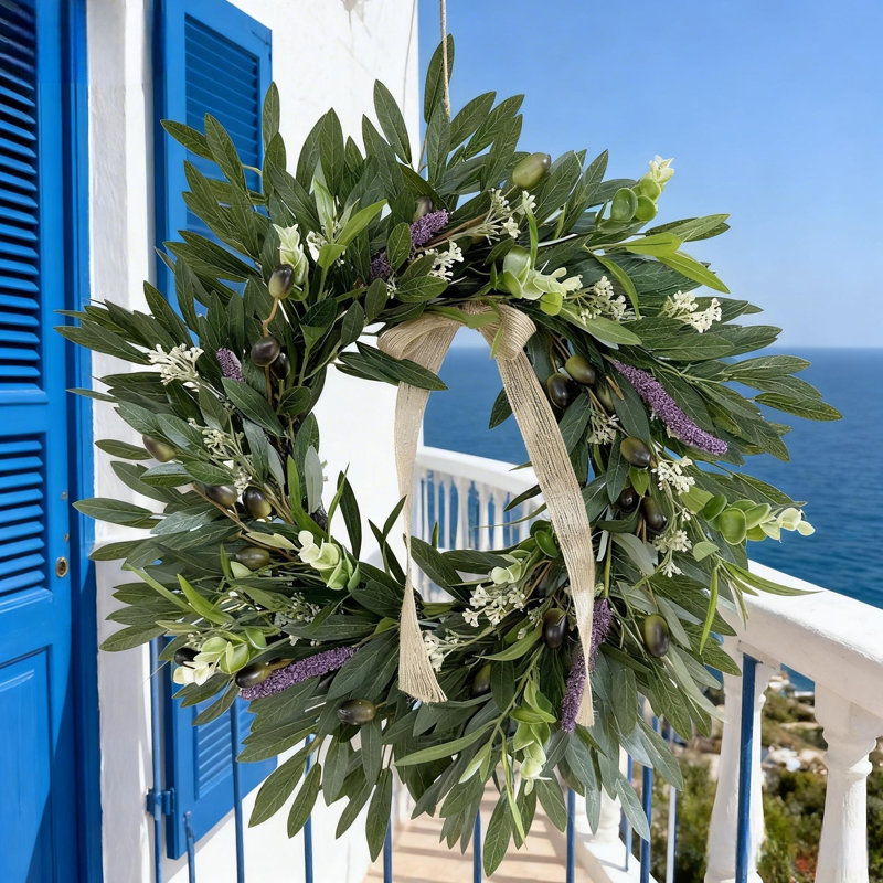 Couronne artificielle 50 cm lavande et olive, porte à suspendre pour la maison, le mur et la fenêtre