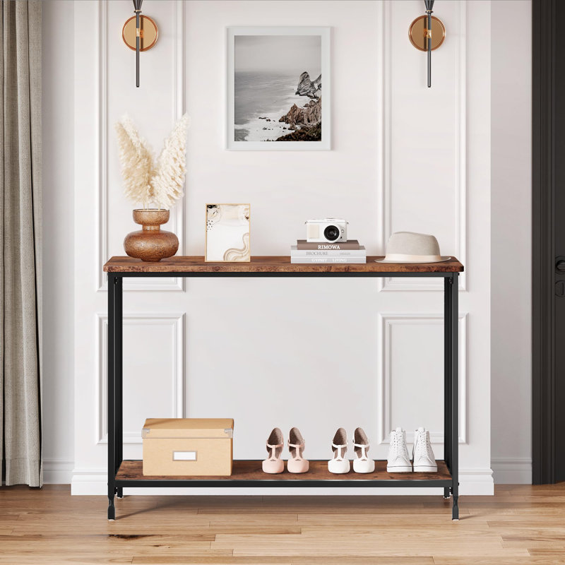 41.5" Narrow Sofa Table with 2 Tiers, Slim Entryway Console Table with Wood Shelf, Brown