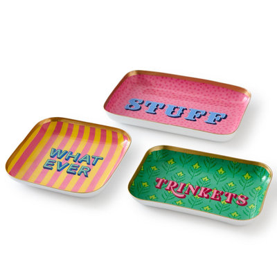 Set of 3 Metal Trinket Trays with Wise Sayings 7" H Iron Enamel