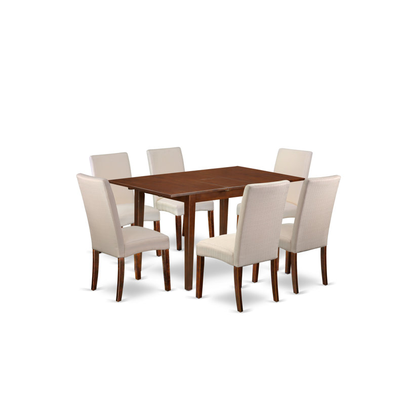 Ensemble de cuisine 7 pièces comprenant une table rectangulaire en bois avec rallonge papillon et 6 chaises Parsons en lin couleur crème, 81 x 152 cm, couleur acajou.