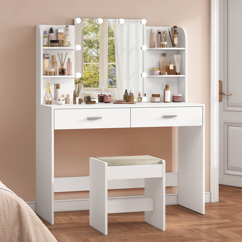 Engelsman Vanity Set with 10 LED Light Bulbs Christmas Gifts, with 2 Drawers, 6 Storage Shelves & Cushioned Stool, White
