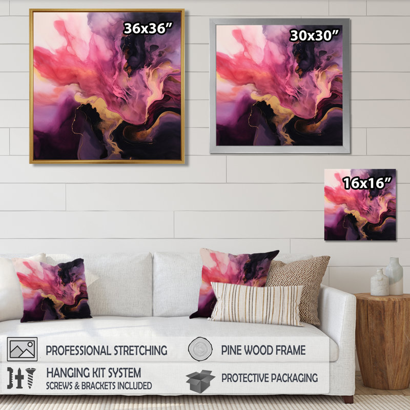 Sombre nuit cosmique magenta doré - salon d'art mural en marbre, H 30 po x l 30 po x P 1 po, Toile avec cadre flottant or