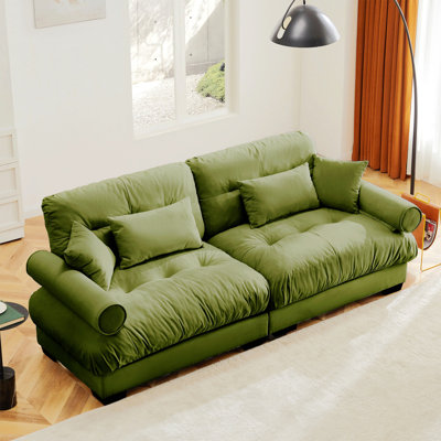 Large Size Two-Seater Sofa With Bolstered Armrests,Velvet 2-Seater Sofa With Waist Pillows And Throw Pillows , Suitable For Living Room , Loft, Working Spaces , Hallway And Bedroom