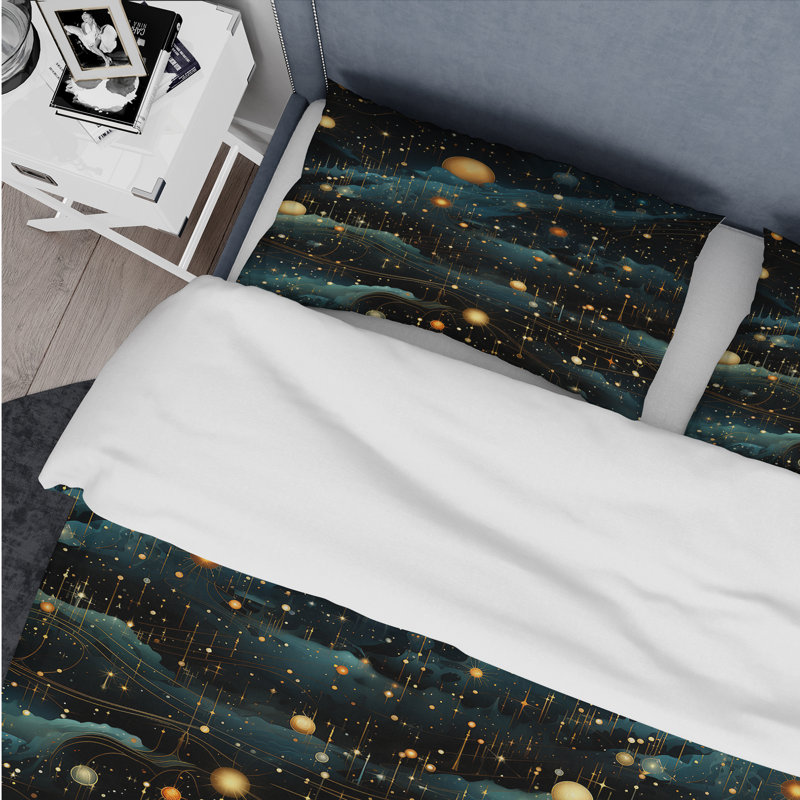 Celestial Constellations Planet Pattern I Box Stitch Abstract Duvet Cover Set, King Duvet Cover + 2 King Shams
