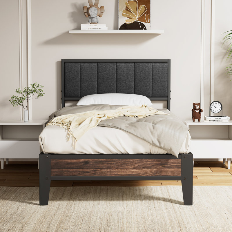 Upholstered Bed Frame with Headboard Platform Bed Frame, Gray, Twin