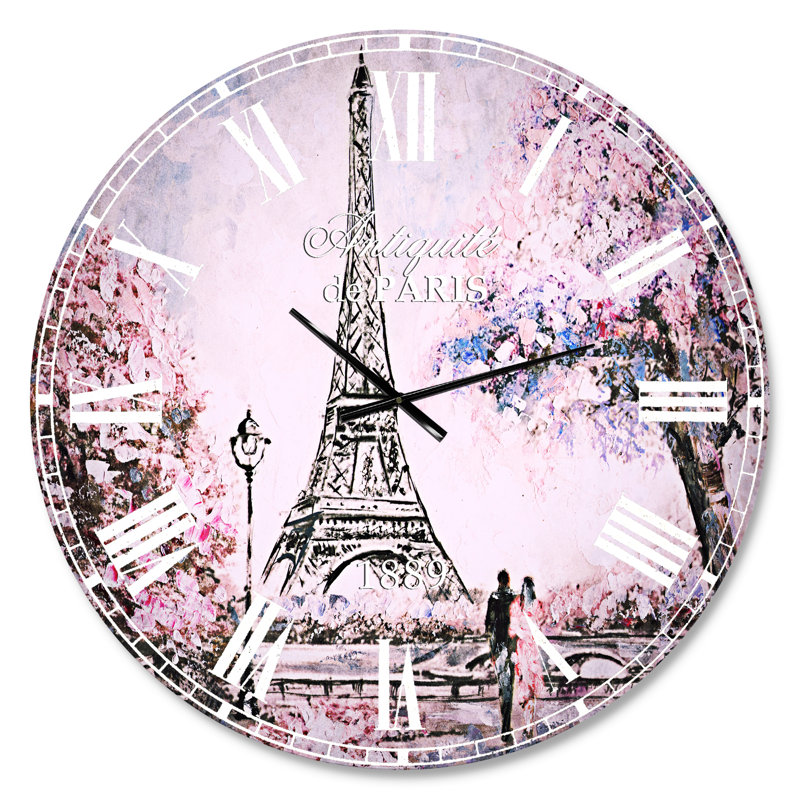 Eiffel with Pink Flowers - French Country wall clock, Medium