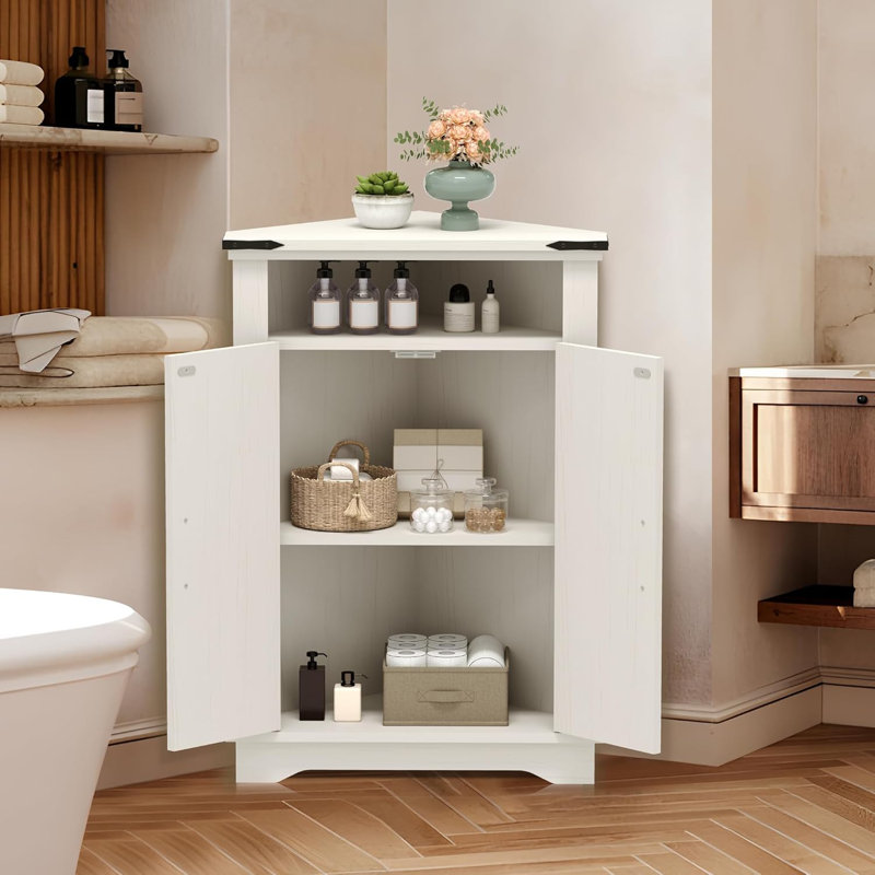 Petite armoire d'angle avec portes de grange, tablette réglable, table de salle de bain de ferme avec rangement, Blanc
