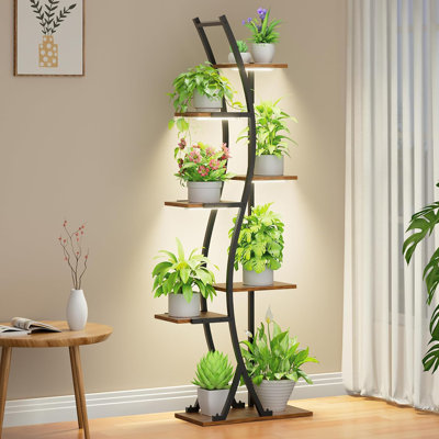 7 Tiered Indoor Metal Plant Stand with Grow Lights, Large S-Shaped Wooden Corner Flower Rack
