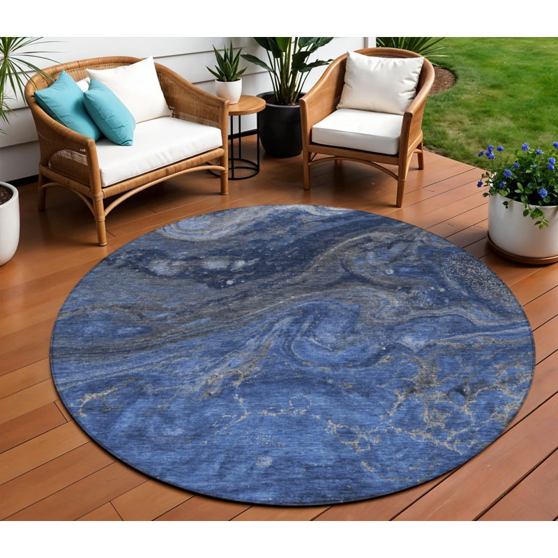 Tapis extérieur rond lavable abstrait bleu 8 po bleu et bleu ciel