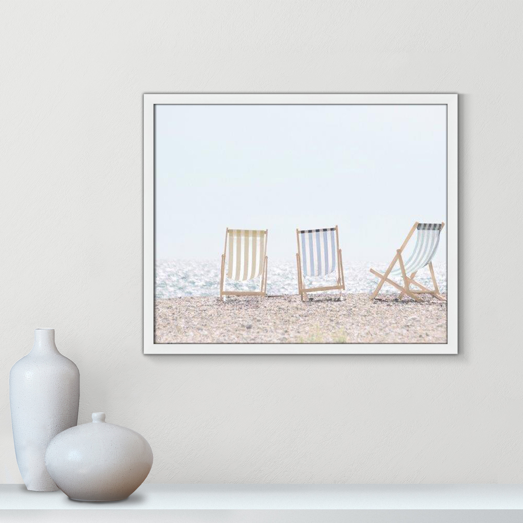 Beach Chairs Framed On Paper by Leah Straatsma Print, Satin White, 21.5" H x 25.5" W x 1.25" D