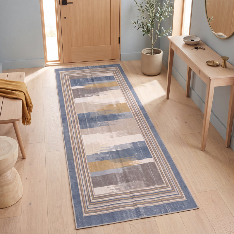Tapis Orchard moderne à rayures effet pinceau, bleu, gris, or, crème, ivoire, lavable en machine, antidérapant, à poils courts, pour intérieur et extérieur, adapté aux animaux domestiques, salon, chambre, salle à manger, entrée, couloir, bureau