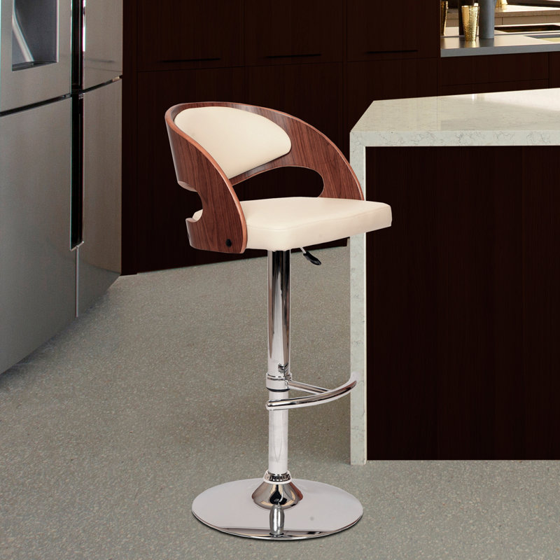 Swivel Upholstered Adjustable Height Counter Stool with Metal Frame, Cream, Walnut