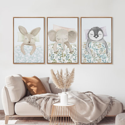 Mignon animaux, bébé, éléphant, lapin, pingouin, enfants, chambre à coucher, chambre d'enfant, impression sur toile encadrée