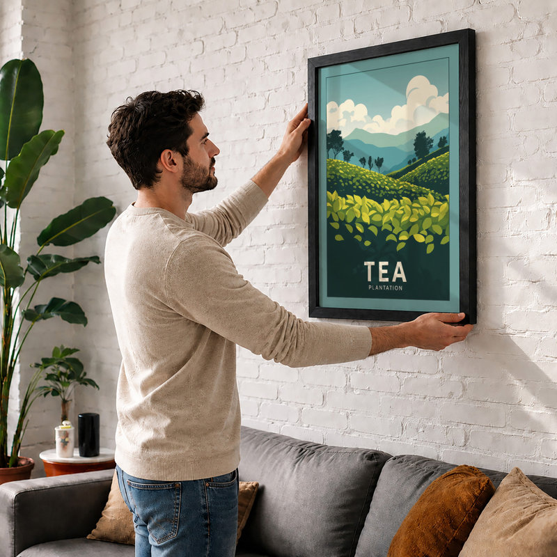 Tea Plantation Landscape Modern - Framed Print, Black, A3 - 42.0 x 29.7 cm