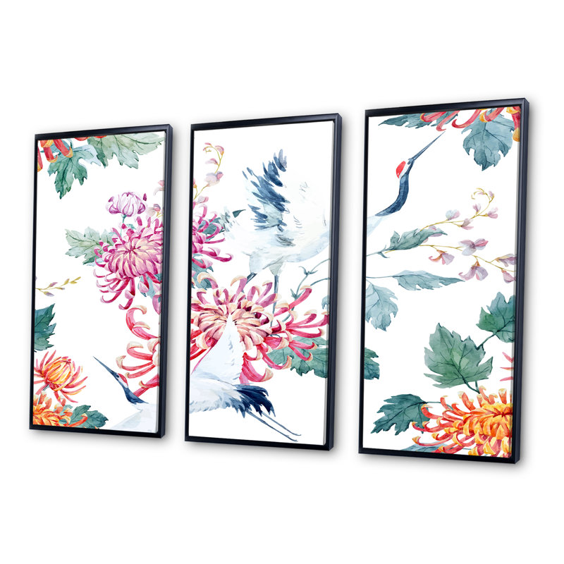 Oiseau grue avec fleurs et plantes - ensemble de 3 toiles encadrées, Noir, H 28 po x l 36 po x P 1 po