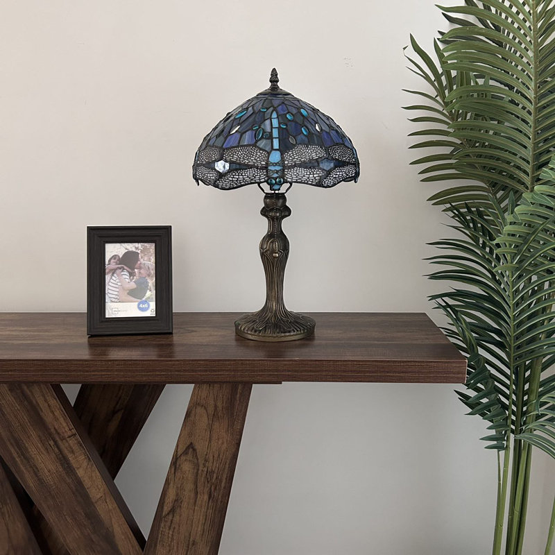 Varley Tiffany Table Lamp Blue Stained Glass Dragonfly LED Bulb Included 12"W*12"D*19"H