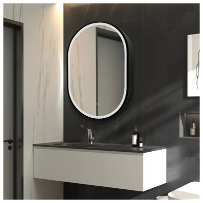 Miroir de salle de bain ovale noir 31 x 21 pouces à DEL avec anti-buée et armoire de rangement