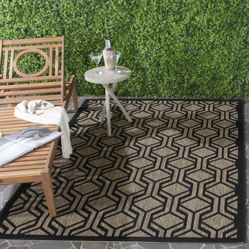 Arneshia Geometric Black/Brown Indoor/Outdoor Area Rug, Rectangle 6'7" x 9'6"