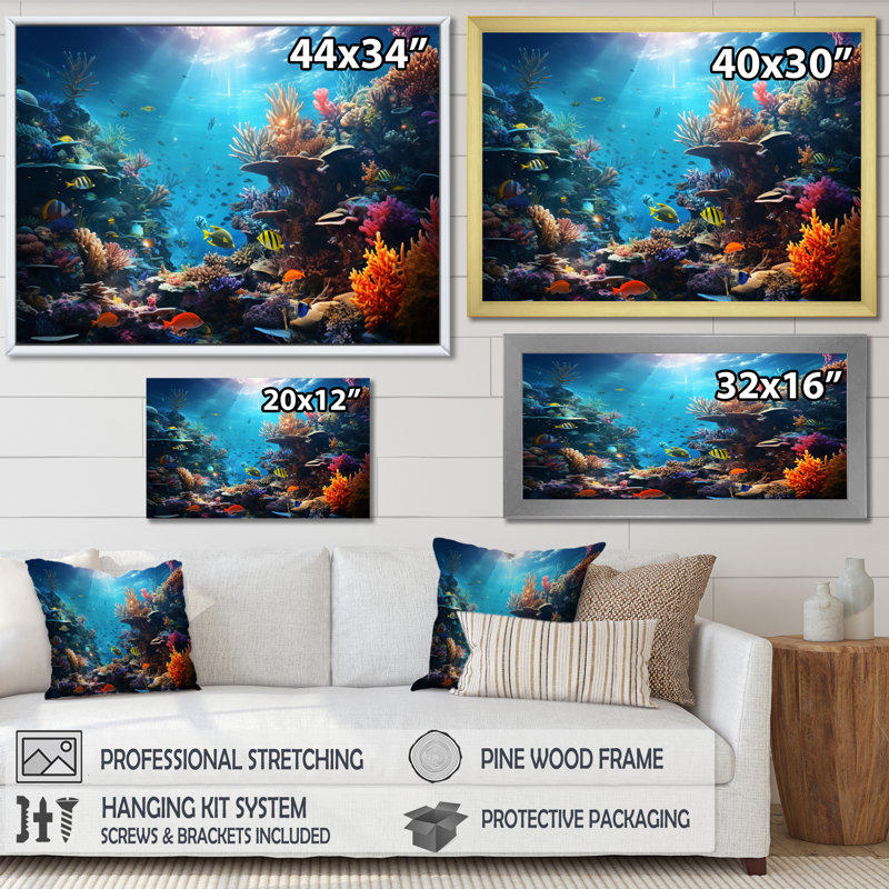 Corail, paysage marin I - reproductions d'art mural côtier, H 12 po x l 20 po x P 1 po, Cadre simple blanc