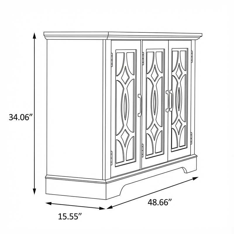 Buffet spacieux à trois portes avec portes en verre trempé et tablettes réglables pour un rangement polyvalent dans la salle à manger, la cuisine ou le salon