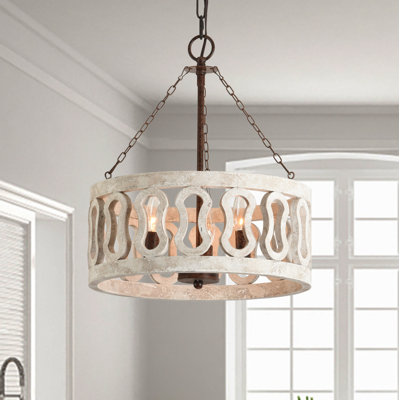 Fenn 3-Light Solid Wood Drum Chandelier with Rustic Finish Hanging Chain for Dining Area