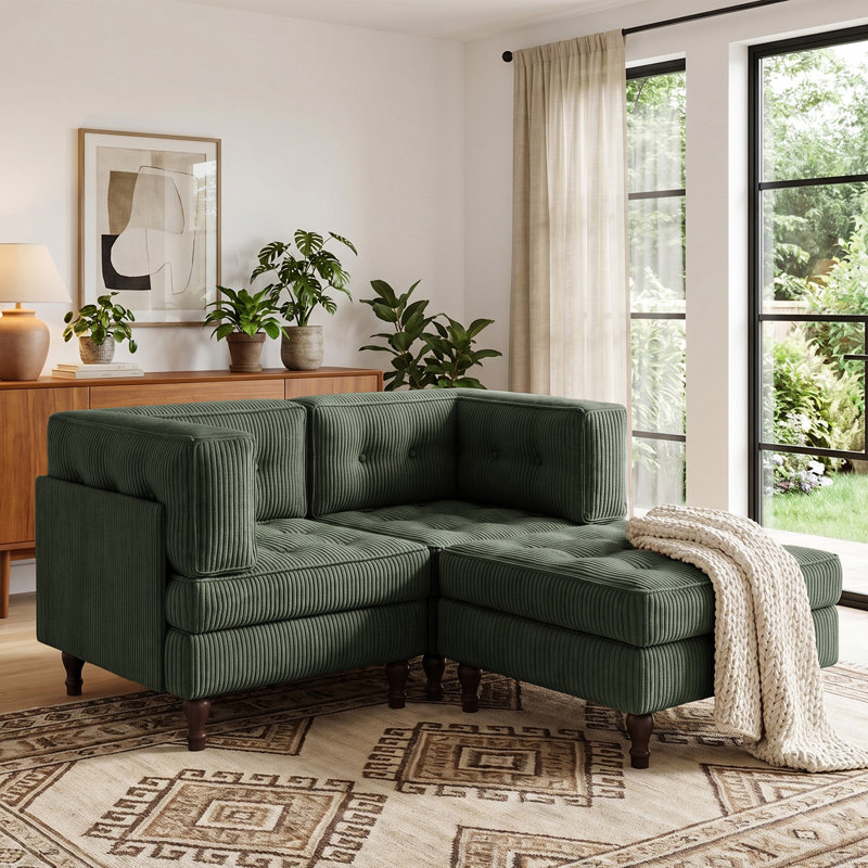3 - Piece Upholstered Green Tufted Corduroy Modular Sectional with Pillow Back and Removable Flip-Tray Top Storage Ottoman