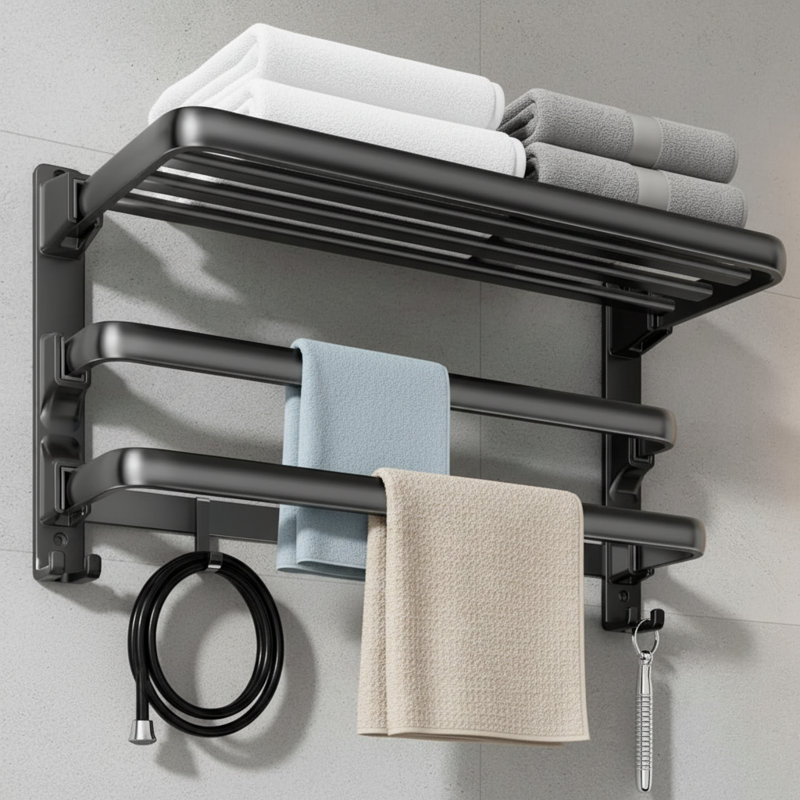 Porte-serviettes de salle de bain 24 pouces avec tablette, porte-serviettes pliable avec 2 barres et 7 crochets de rangement mural