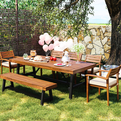 7 - 8 Person Outdoor Wood Dining With Removable Cushions, Ergonomic Chairs, Bench, Thicker Table, Adjustable Feet, Suitable For Patio, Backyard, Deck And Indoor Use Comfortable Design, Space Saving