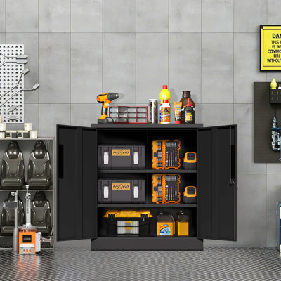 Metal Storage Cabinet with Lock, 2-Door Garage Storage Cabinet with 2 Adjustable Shelves, Heavy Duty Steel File Cabinet for Home, Office, Garage, School