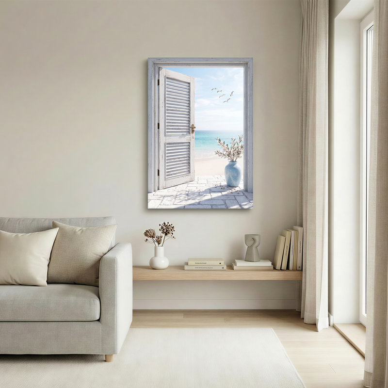 Toile blanche avec vue sur la porte de l'océan turquoise et les mouettes, 24"H x 16"W