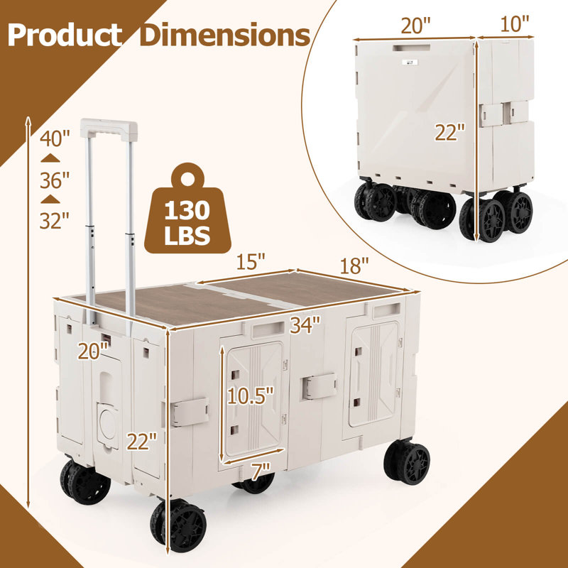 Large Foldable Utility Cart with  2-Tier Storage Crates 5 Rotate Wheels Metal White, White