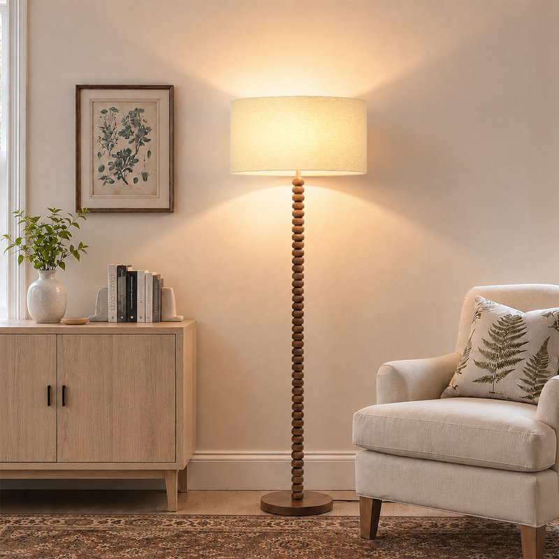 Lampe sur pied sculpturale de 157 cm en bois massif avec tige en perles de bois empilées, abat-jour tambour en lin de 46 cm, finition noyer et interrupteur au pied