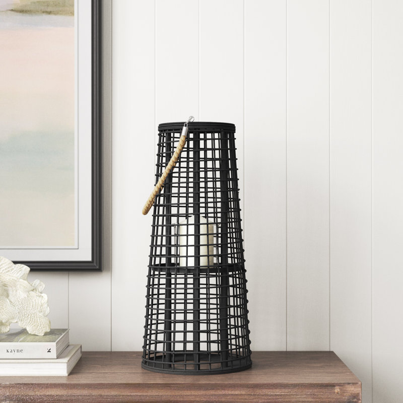 Black Bamboo and Glass Hanging Hurricane Lantern