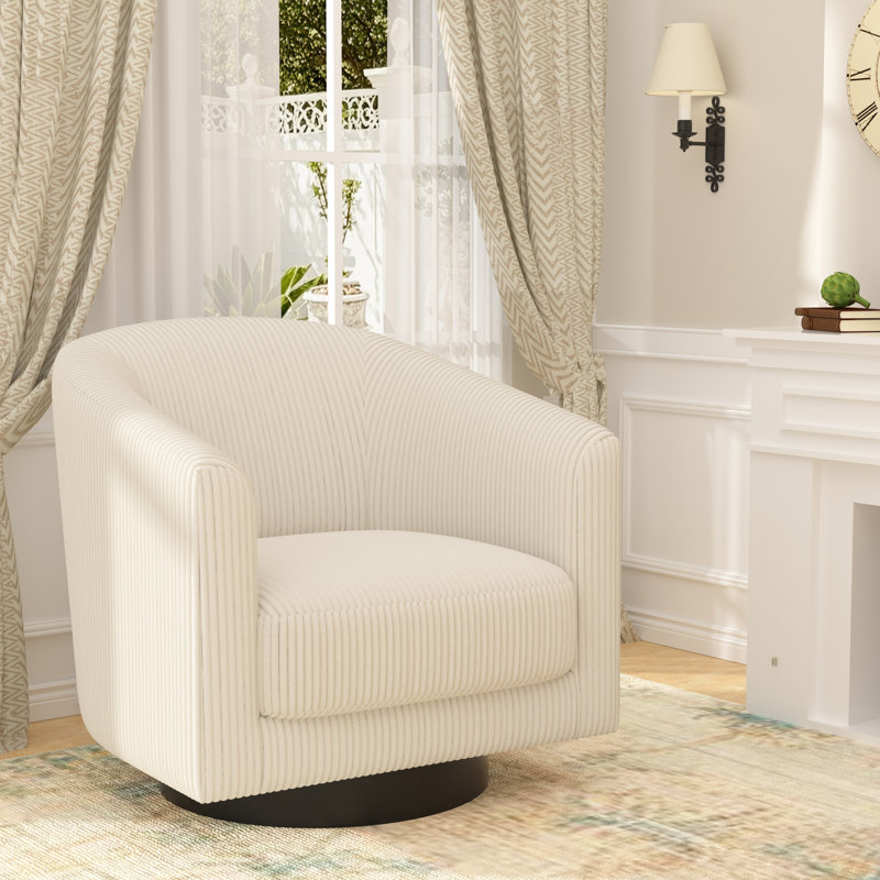 Fauteuil demi-tonneau pivotant Corduroy, Blanc, crème