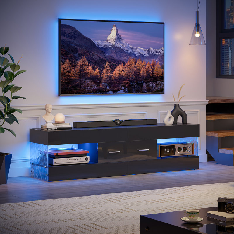 Modern Tv Stand For Tvs Up To 70" With Led And Drawer, 40cm H x 170.2cm W x 35cm D, Black