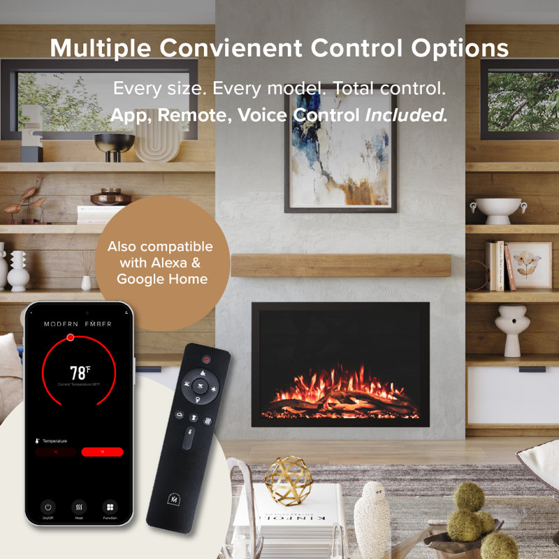 Highmark Traditional Electric Fireplace Insert Heater, WiFi, Google & Alexa Compatible, Logs & Crystals, 38" W