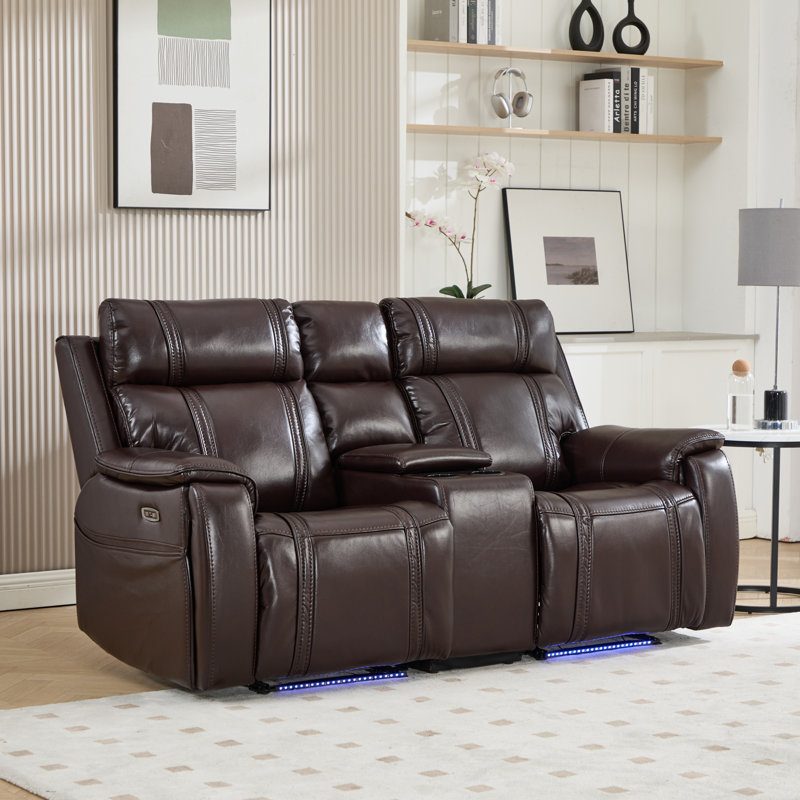 Canapé inclinable électrique moderne de 192 cm de large avec bande lumineuse DEL et console centrale, Brun